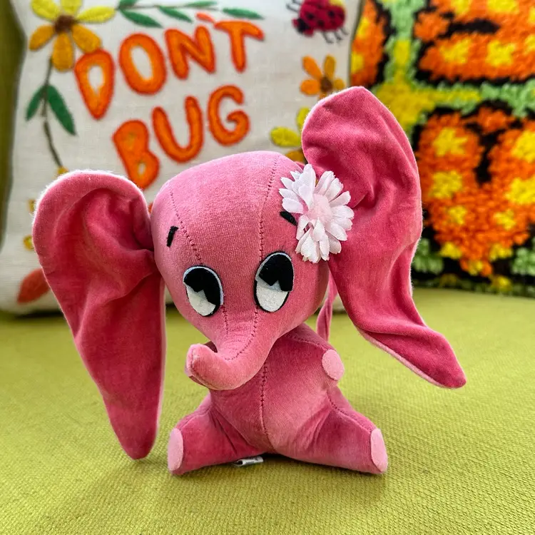 VTG 1967 KAMAR Dream Pets BOMBO ELEPHANT Pink Velveteen Japan Flower Plush Toy