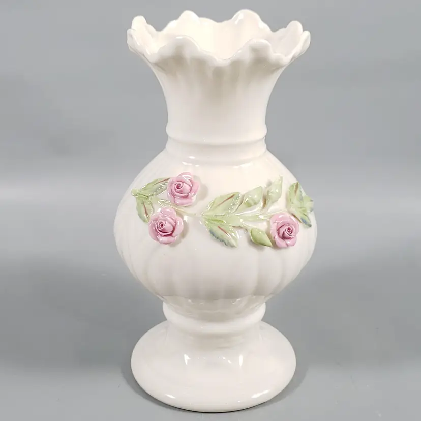 Vintage Belleek Pink Roses Porcelain Vase