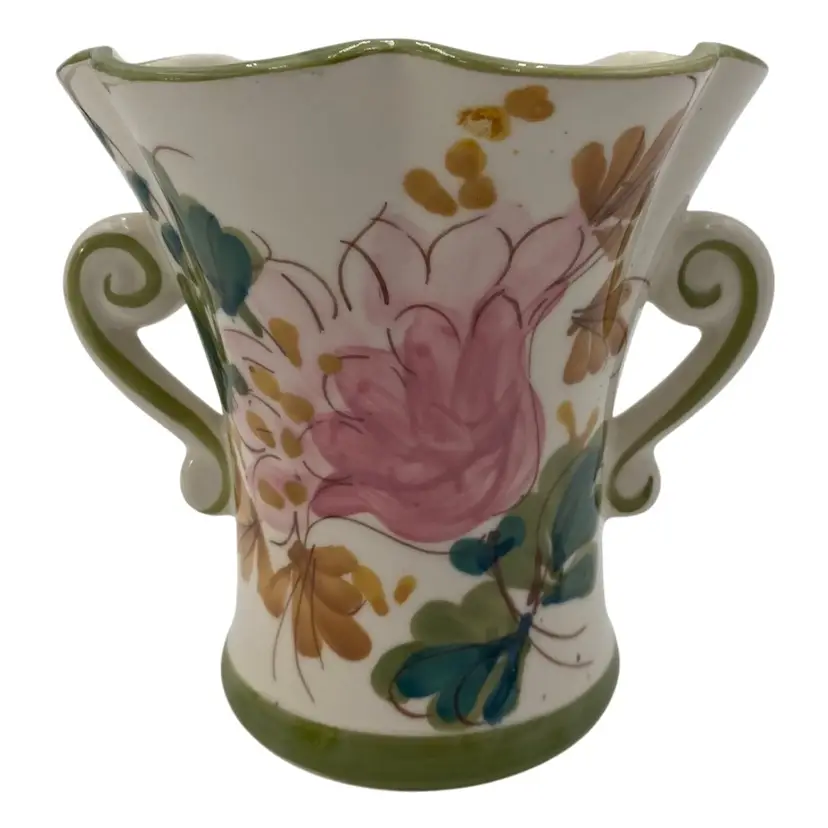 Vtg. Hand-Painted Floral Ceramic Vase with Scrolled Handles, Portugal, for FTD