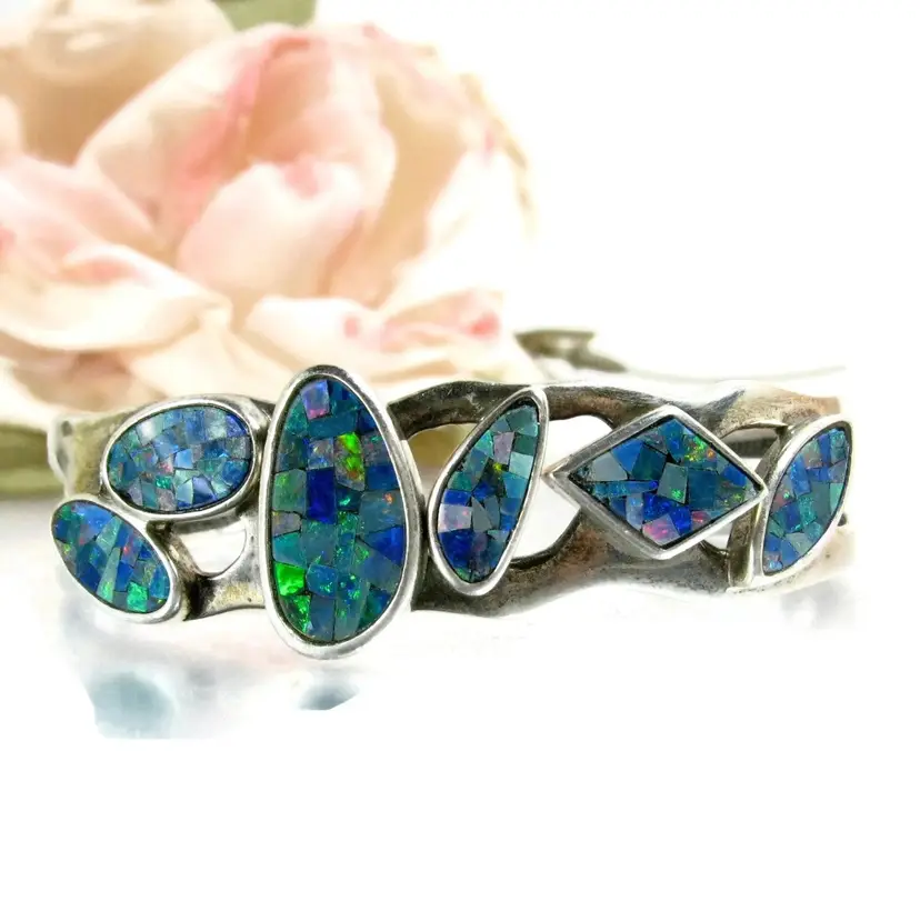 Fabulous WK Sterling Mosaic Opal Cuff Silver Stone Vintage