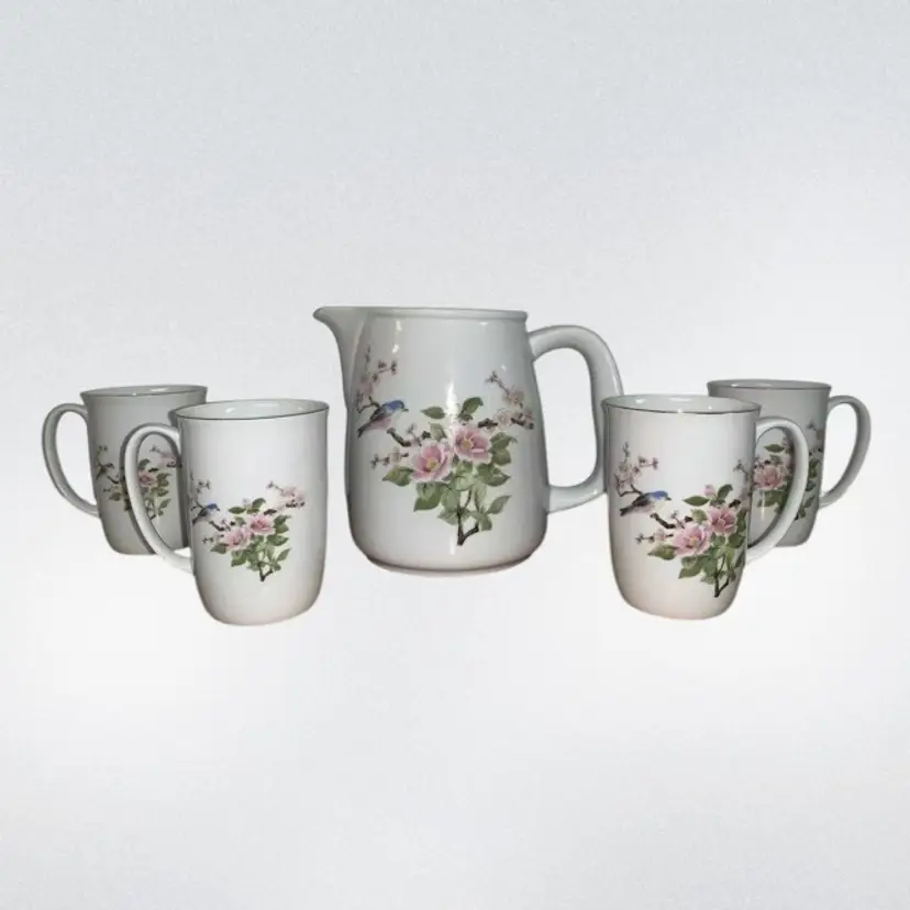 Dogwood Floral & Bird Pitcher w/ 4 Cups Porcelain/Ceramic