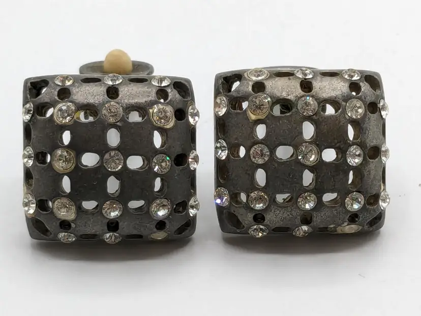 Vintage Silver Tone Rhinestone Accents Square Clip On Earrings