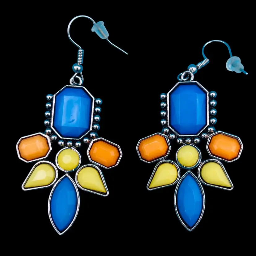 Colorful Boho Statement Earrings – Blue, Yellow & Orange Geometric Dangles