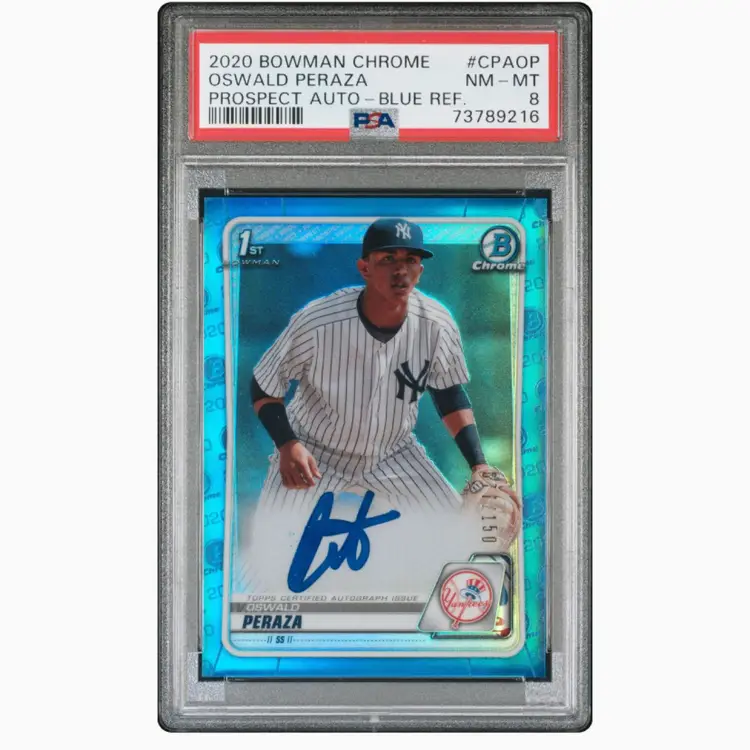 Oswald Peraza 2020 Bowman Chrome True Blue Auto /150 Psa 8 New York Yankees