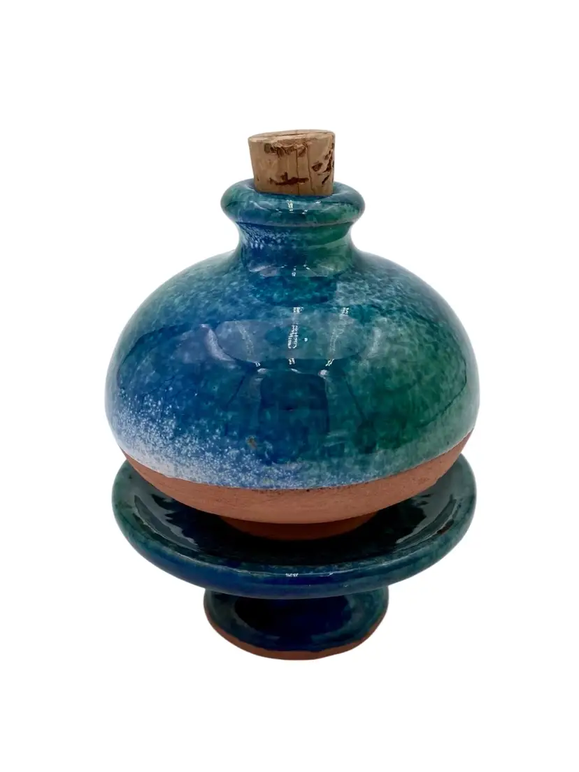 Studio Pottery (France) Red Clay Oil Diffuser with Pedestal, Blue/Green Glaze