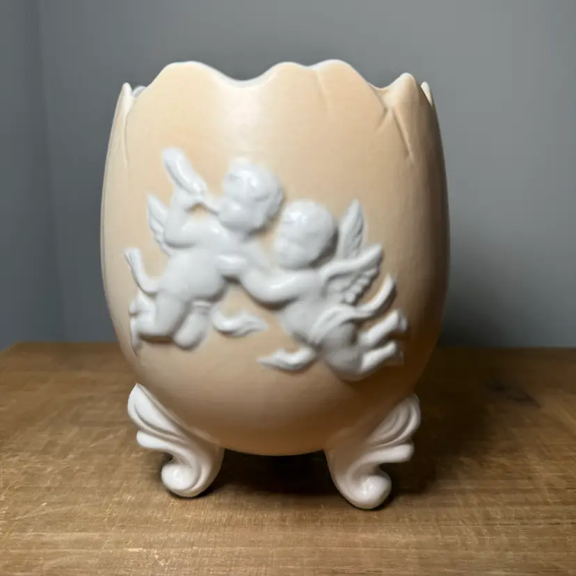 Lefton Bisque Porcelain Cherub Cracked Egg Vase