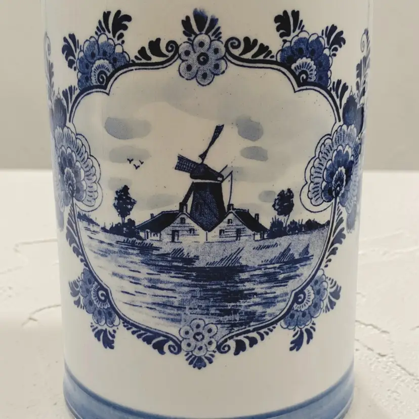 Vintage Delft Blue Hand Painted Windmill Ceramic Stein Mug Made In Holland