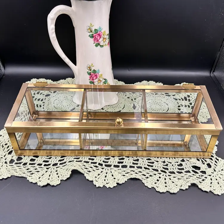 Vintage Brass And Glass Jewelry Box With Mirrored Bottom