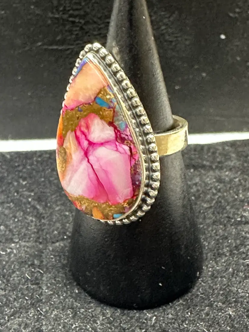 Pear Shape Kingman Spiny Oyster, Copper, & Turquoise Multi Gemstone Sterling Silver Ring Size 5
