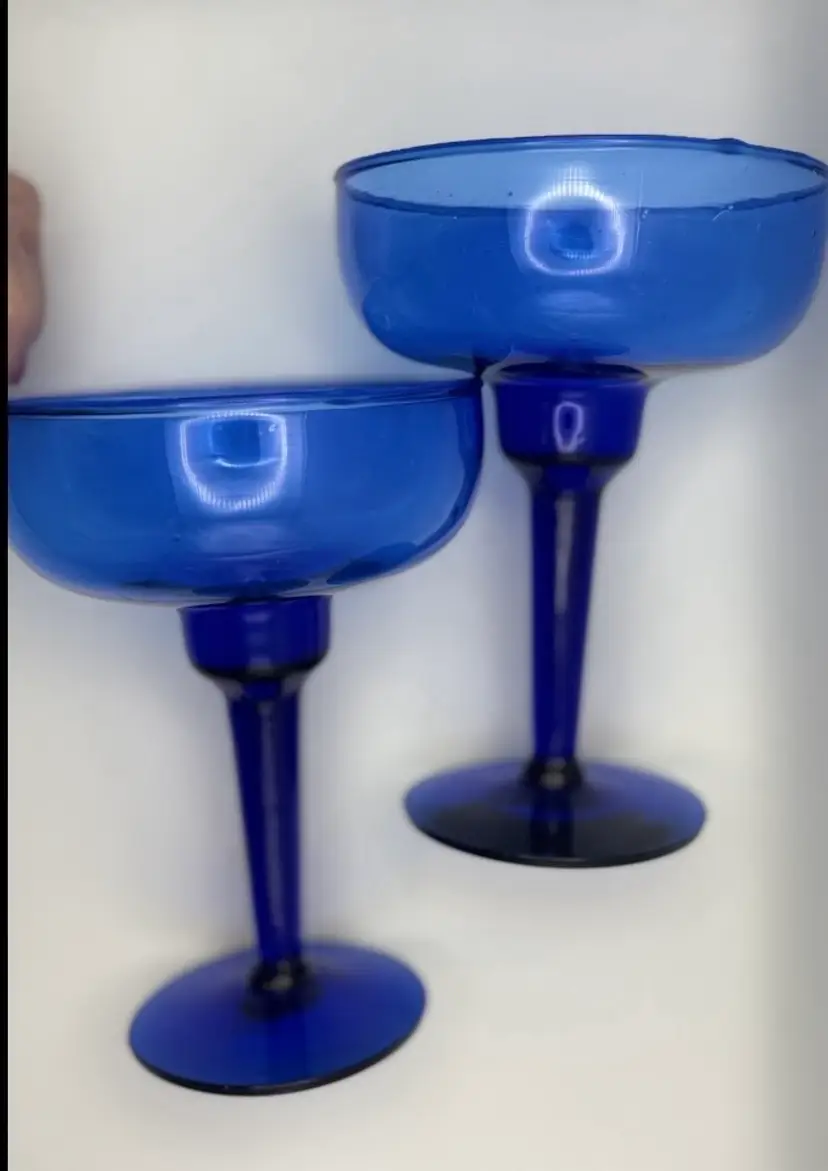 Set of 2 Cobalt Blue Margarita Glasses 6.5” H, 3.75” Diameter At Mouth