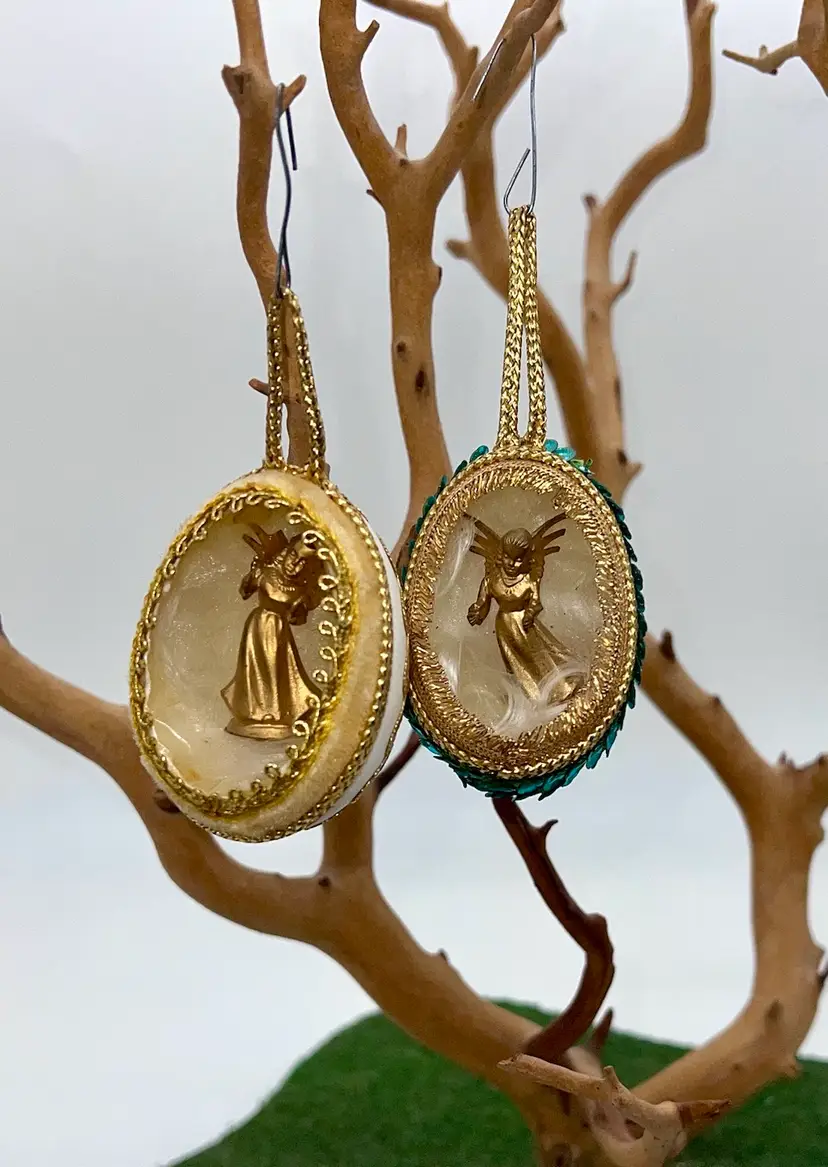 Vintage Real Egg Diorama Victorian Style Christmas Ornaments Angels