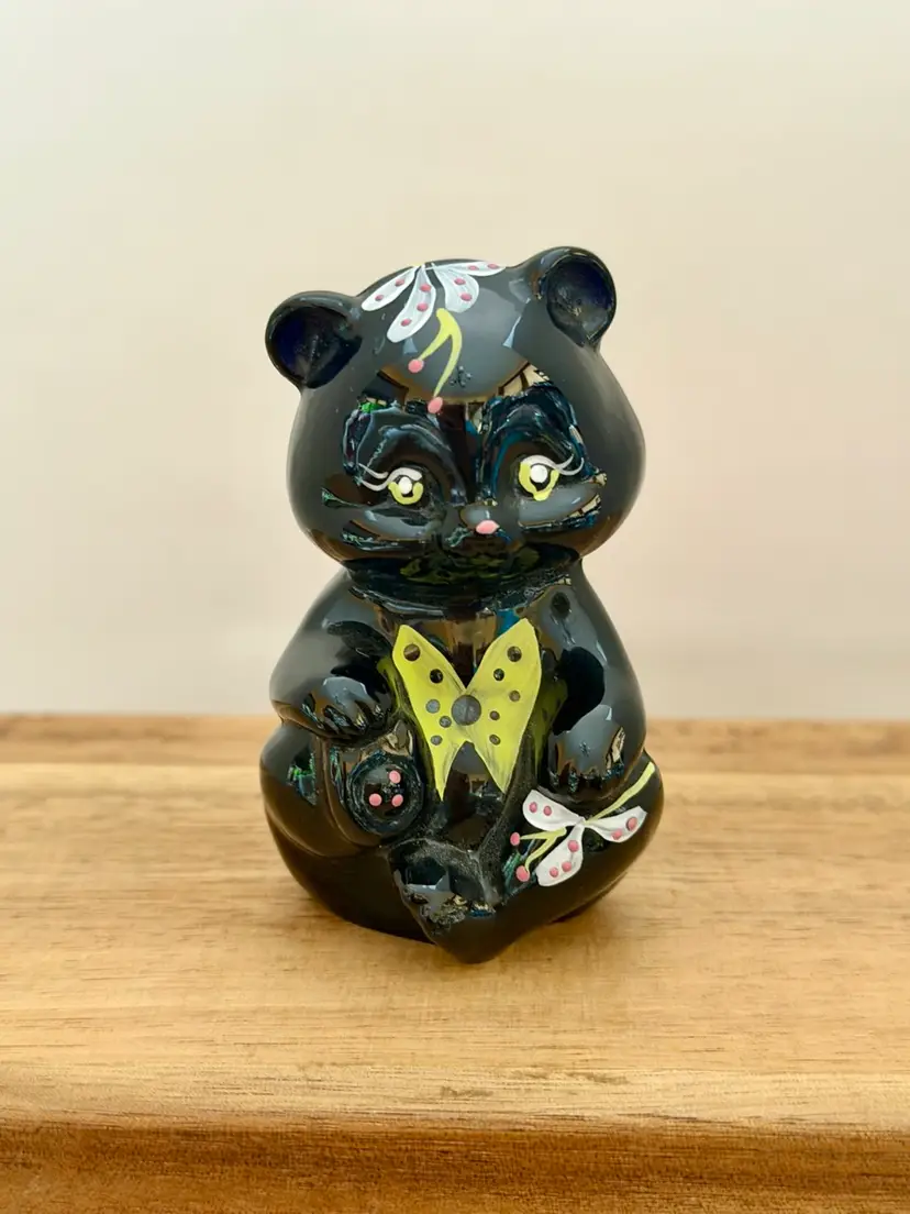 Fenton Hand Painted Black Glass Mini Bear