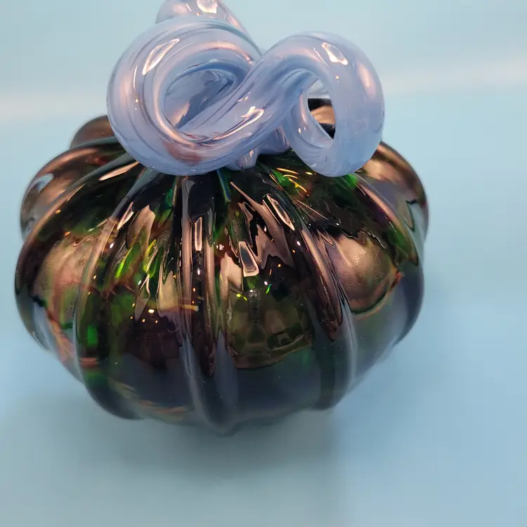 Hand Blown Art Glass Pumpkin Dark Green Body Iridescent Acents Blue Stem