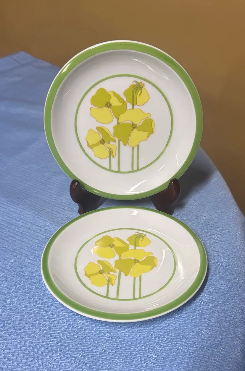 Denby 1974 Dessert Plates Green White and Yellow Portugal Set of 2, 6.25” diam