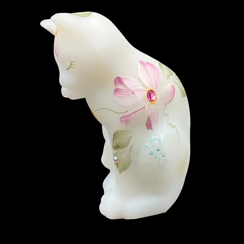 3346-Vintage Fenton Hand Painted Satin Glass Grooming Cat With Rhinestones, Signed, 4 X 2 X 2"