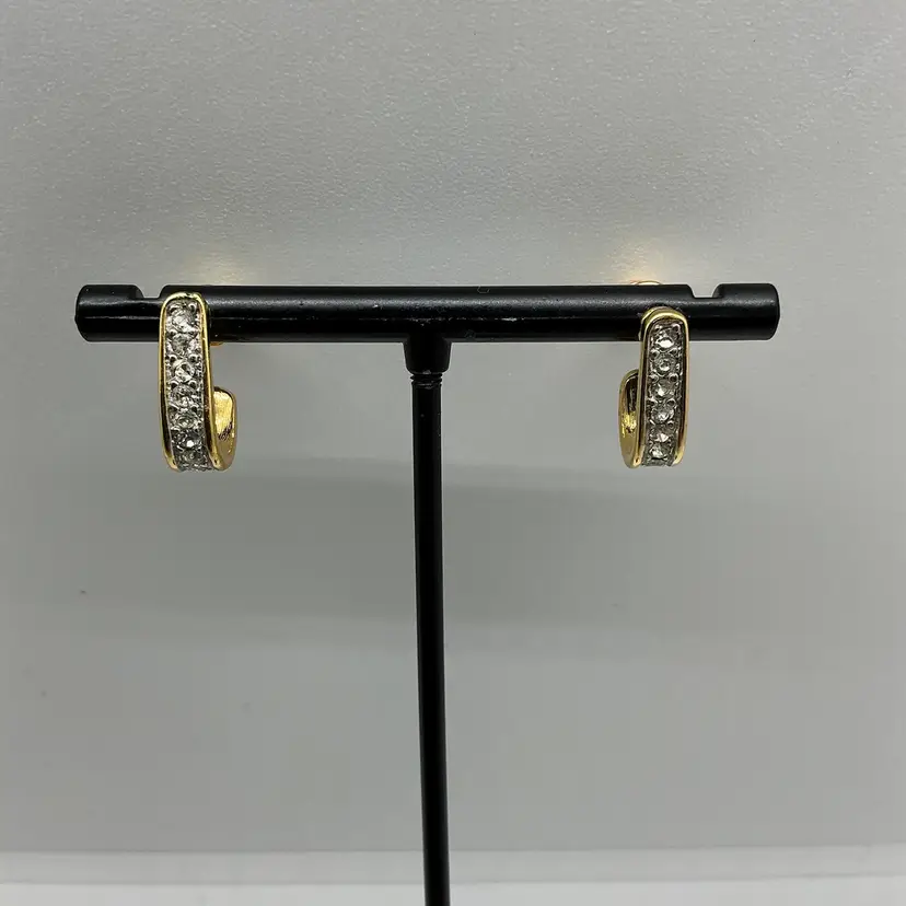 Vintage Monet Gold Tone Clear Rhinestone Pierced Earrings Signed J Shaped