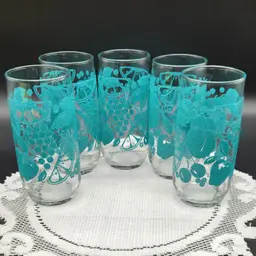 Vintage Turquoise Libbey Textured Fruit Pattern Drinking Glasses Set of 5