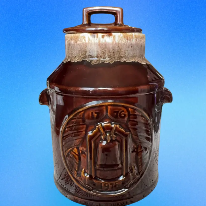 Vintage McCoy Brown Drip Pottery Bicentennial 76' Milk Jug Cookie Jar