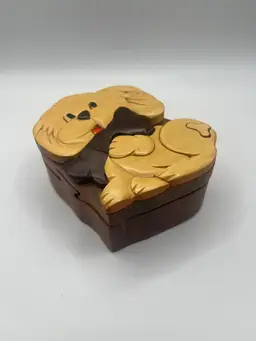 Hand Carved Wooden Puzzle Box Dog Puppy