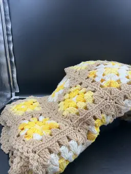 Large granny square afghan, yellow, white and tan. Beautifully made. 72x60