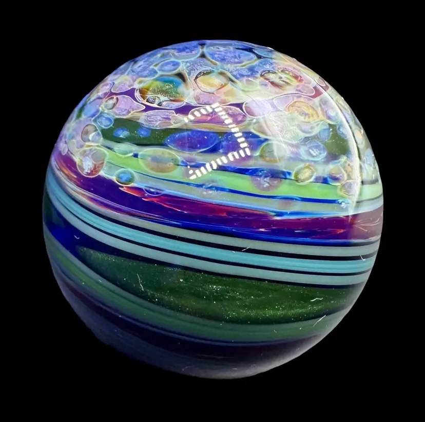 Contemporary Handmade Art Glass Marble 1.03" Planet Blue Purple Green Lutz Swirl