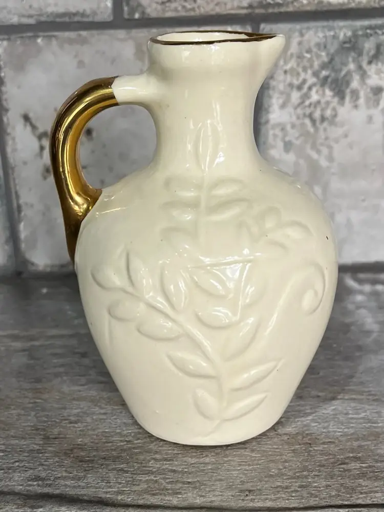 Vintage Gold & White with Red Rose Pottery Vase 5 1/2"
