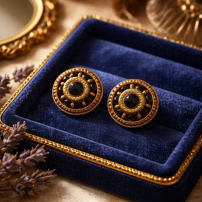 Pair of Goldtone Clip On Earrings w/ Black Stones in a Concentric Pattern, 1" Diameter