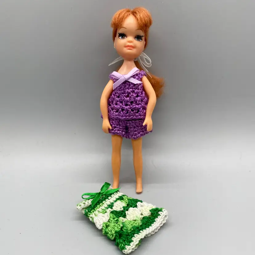 Vintage 1967 Uneeda Tiny Teen Red Hair Doll with 2 Hand Crochet Outfits 5"