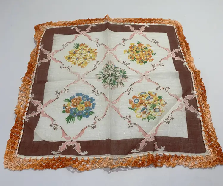 Vintage Orange Embroidered Edge Flower Design Handkerchief 11" x 11.50"