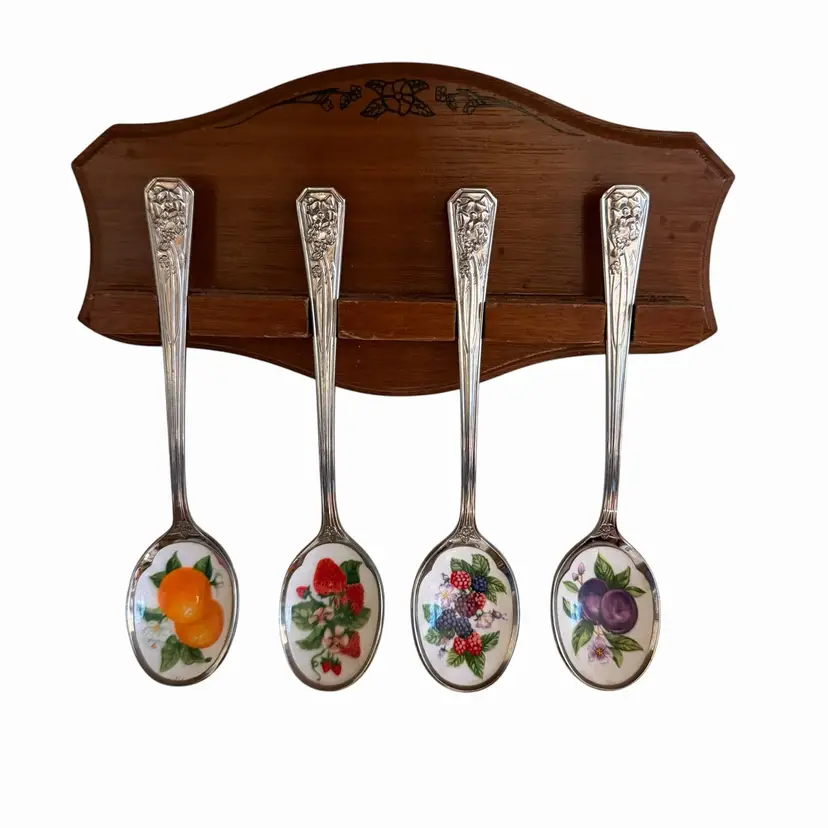 Collectible Avon 1981 Fruit Jelly Spoons Stainless Steel Porcelain Enamel Set