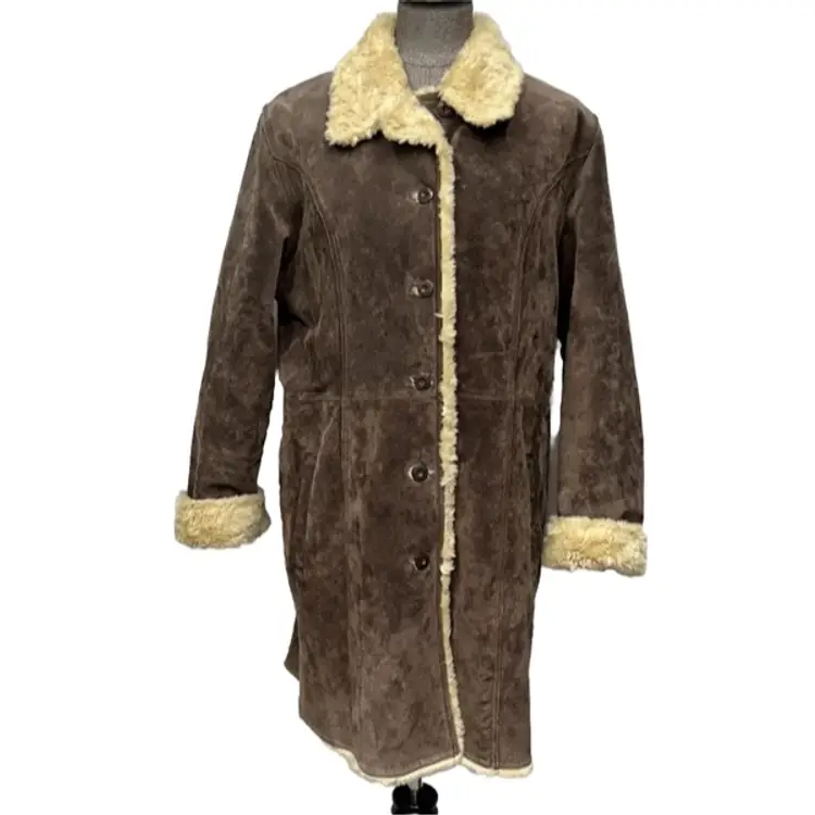 Vtg Women's Wilson's Leather Brown Suede Coat XL Sherpa Lined Stadium Length Button Up