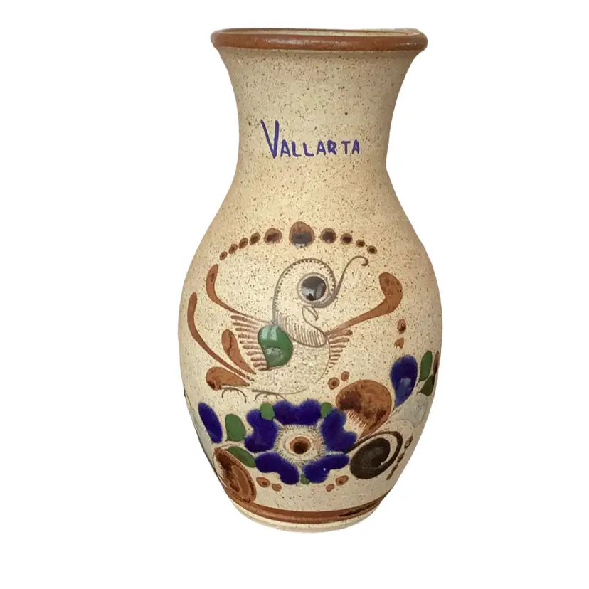 Vintage 1989 Tonala Mexico Vase Bird Flowers Souvenir