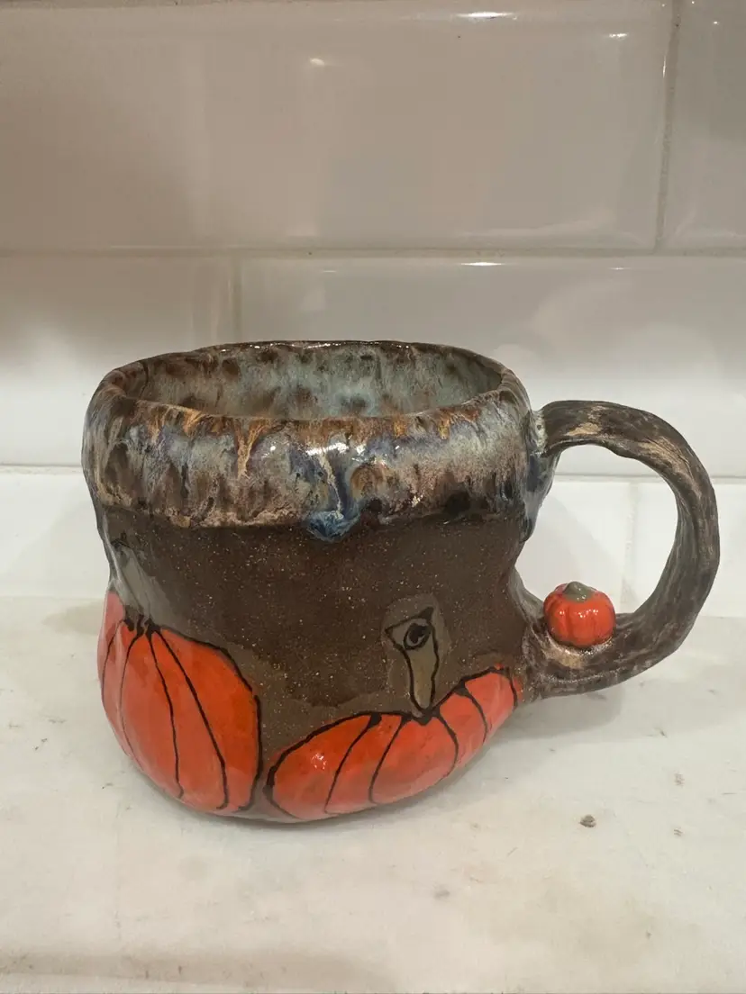 Primitive Handmade Pumpkin Eartling Pottery Mug Letter C
