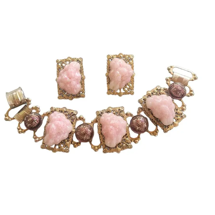 Vintage Pink Lava Rock Look Chunky Book Chain Bracelet and Earrings