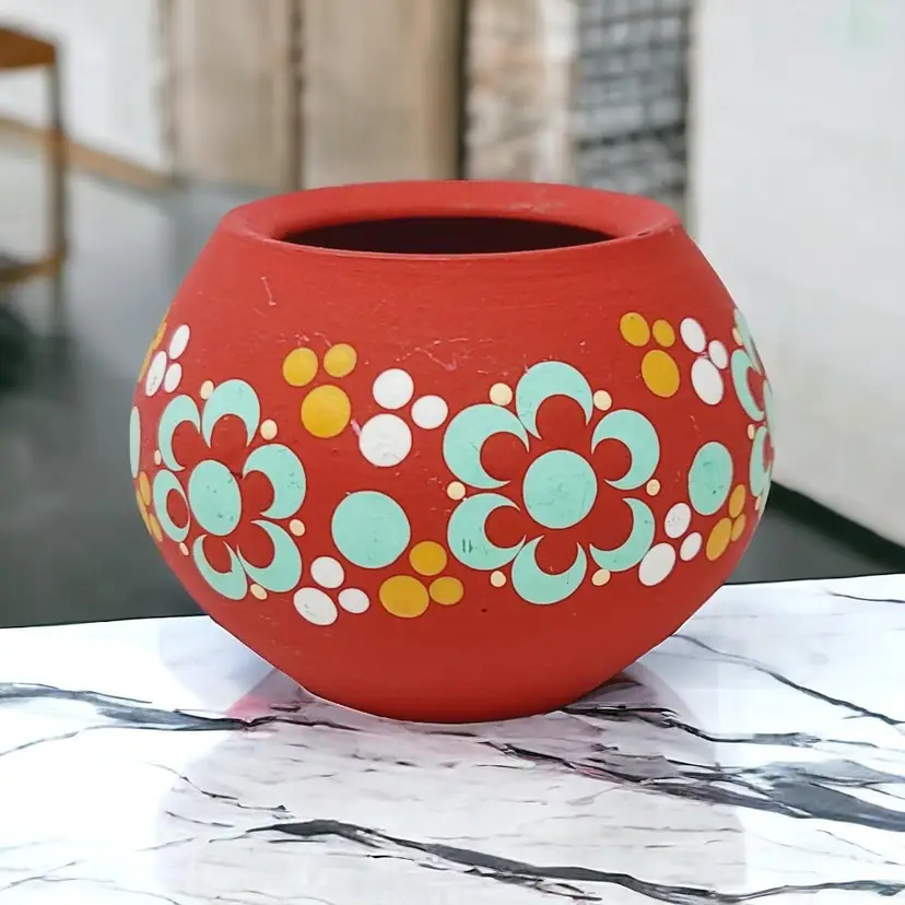 Small Vintage Ceramic Candle Holder Hand Painted Flowers