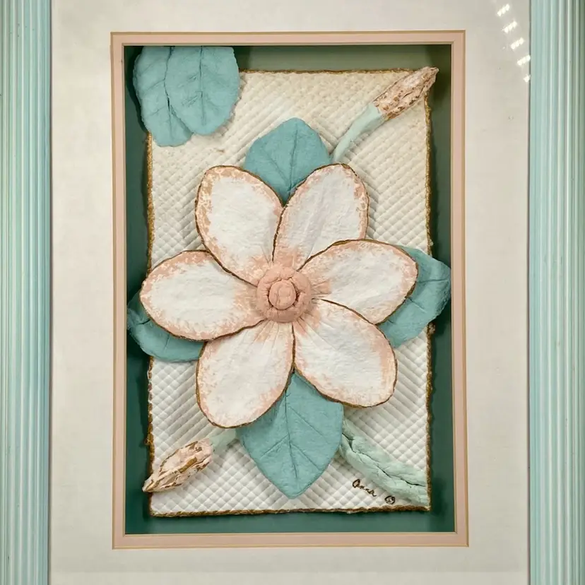 Artist Signed ANNA Wet Cast Paper MAGNOLIA Flower HAND MADE 3D Framed 80s Spring ART