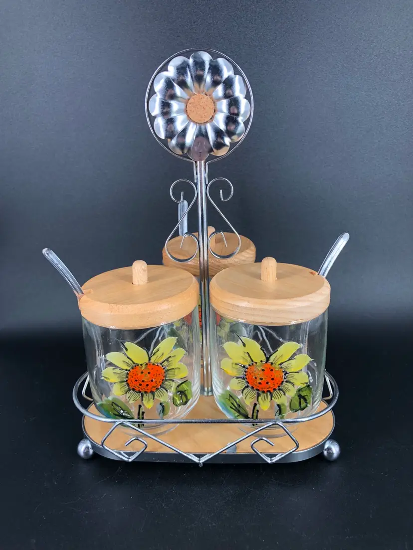 Vintage Sunflower Condiment Containers with Caddy