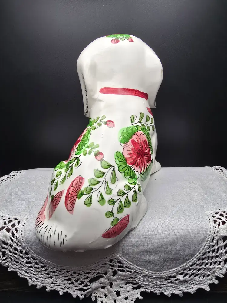 Vintage Porcelain Dog Figurine Hand-Painted with a Floral Pattern