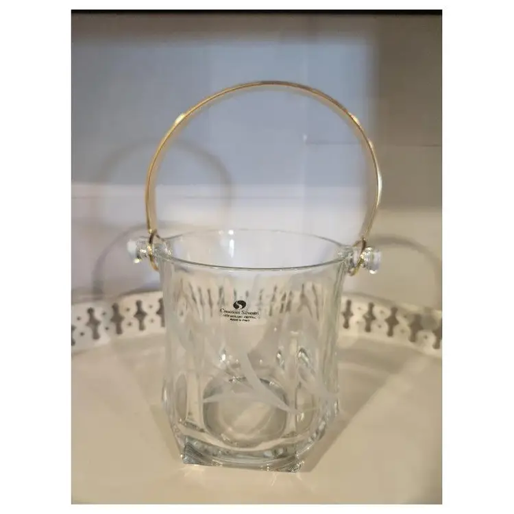 Vintage Creazioni Silvestri Arte Murano Crystal Ice Bucket with Gold Handle