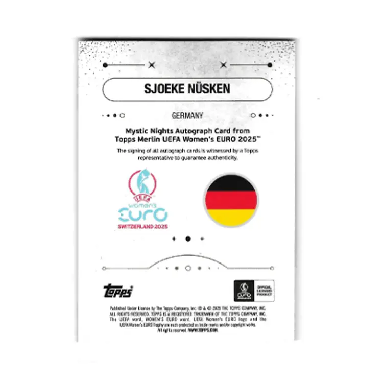 2025 Topps Merlin UEFA Euro Sjoeke Nusken Purple Mystic Nights Auto /50