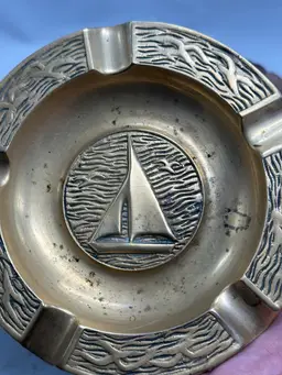 Vintage Mid Century Solid Brass Nautical Ocean Sailing Boat Ashtray Trinket
