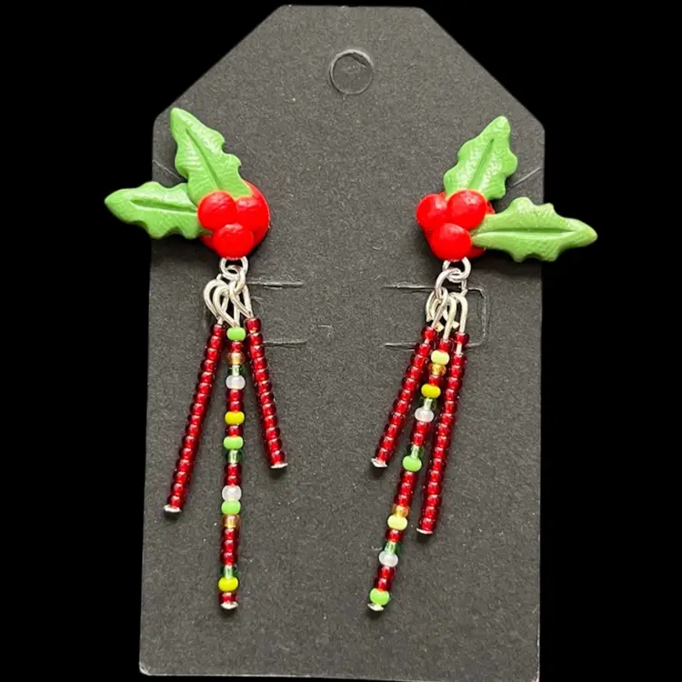 Handmade By Me - Polymer Clay Holly Berry Earrings With Red & Green Seed Bead Tassel, Handmade Christmas Earrings, Made By NN Artist, Handmade Christmas Accessories