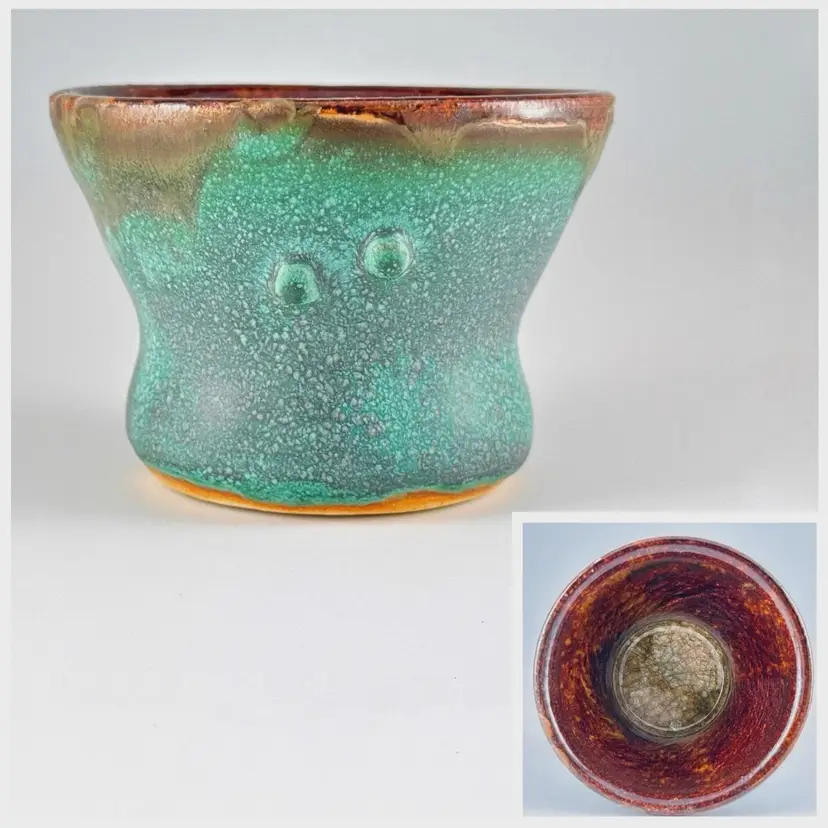 Aminah Studio Pottery Hand-Thrown Ceramic Pot, Turquoise Blue Glaze with Crackle Glass, Vintage Made in USA