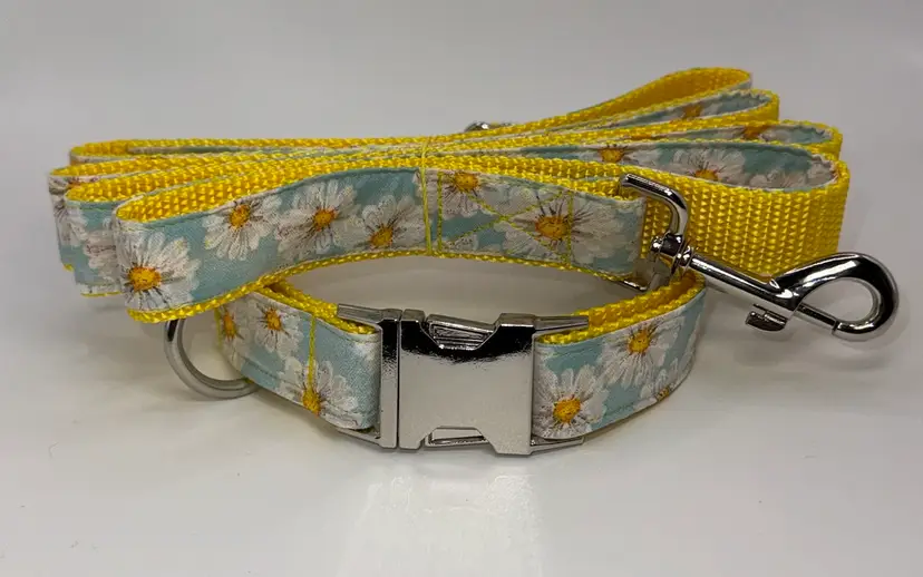 Dog Collar & Leash Yellow Daisy & Flower Print Large Handmade Heavy Duty Metal Buckle NEW