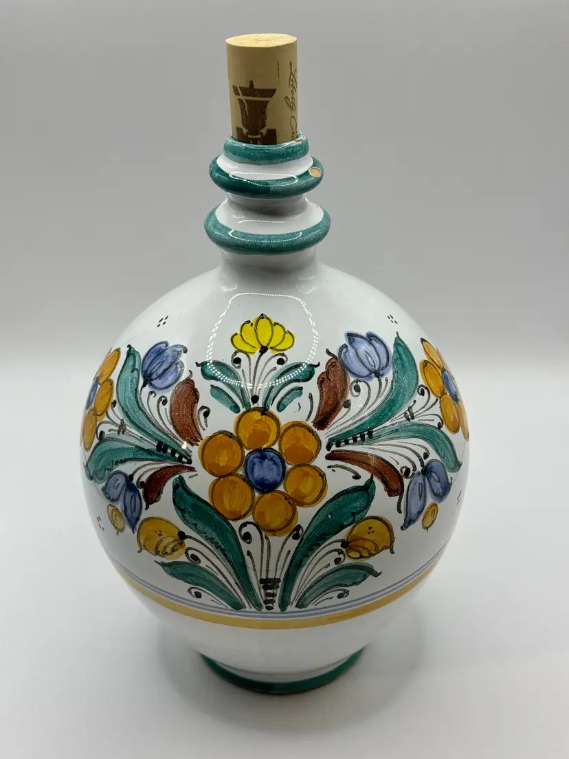 Vintage Italian Hand Painted Floral Ceramic Decanter, Artisanal Folk Art Design, Cork Stopper Included, Unbranded, Made In Italy