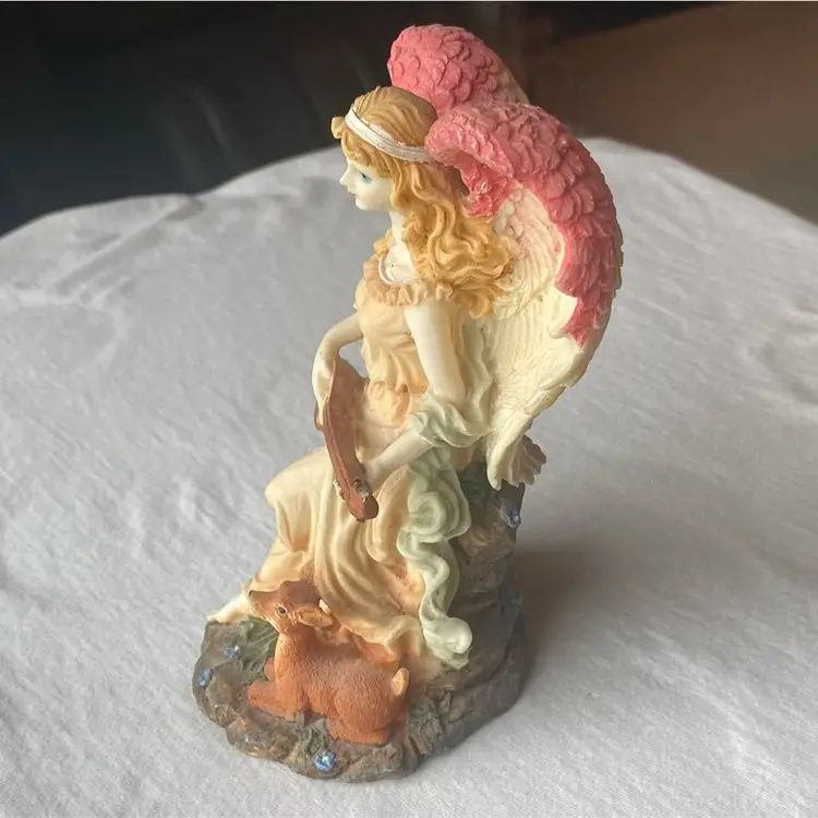 Angel Playing Instrument With Baby Deer Figurine 6”h