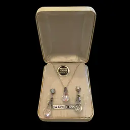 Vintage MCM Austrian Aurora Borealis Crystal Dangle Earrings & Necklace Set Sterling Chain 15”, NOS