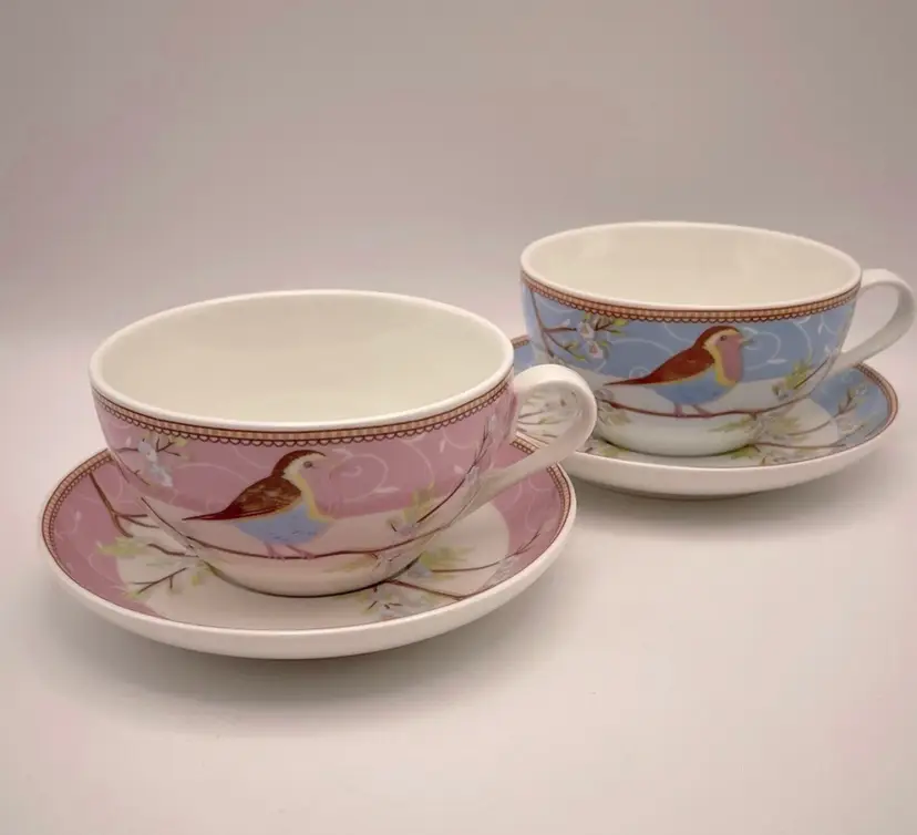JUSALPHA, 2 China Teacups and Saucers with Bird on a Branch with Florals. Soft, Pretty Blue and Pink!