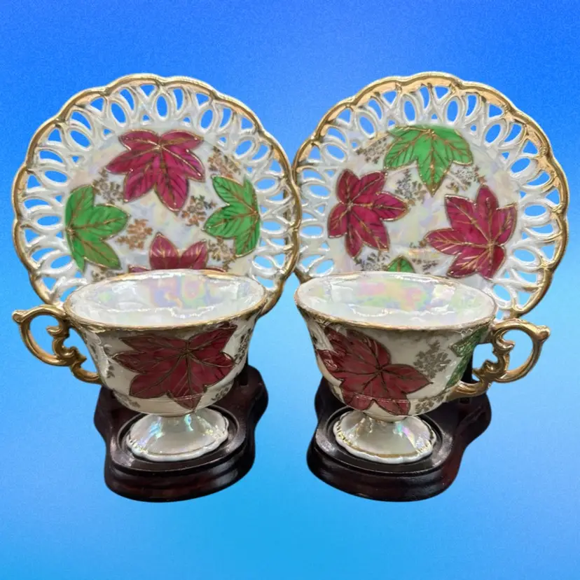 (2)Beautiful Vintage Bone China Footed Teacup & Saucer – Fan Crest – Japan–2650 Lusterware Gold Gilded