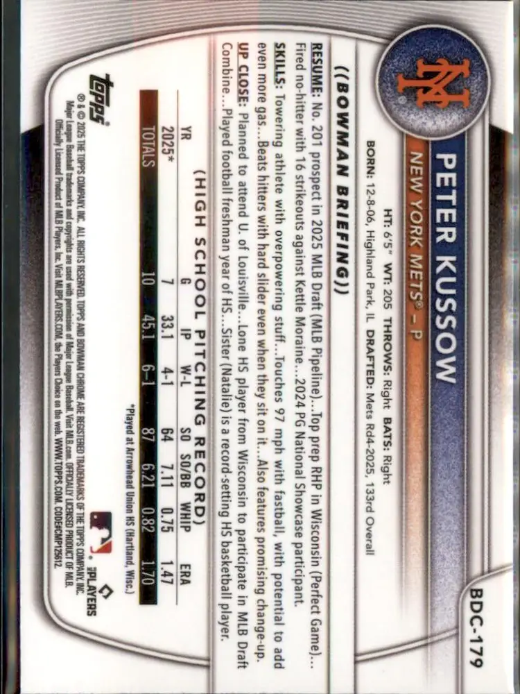 2025 Bowman Draft #BDC-179 Peter Kussow Chrome - (138) - New York Mets